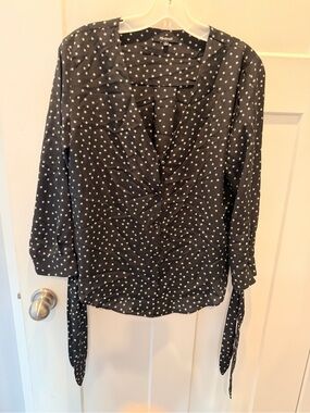 Madewell 100% Silk Star Print Blouse Small Black Tie Sleeve Ruched Top